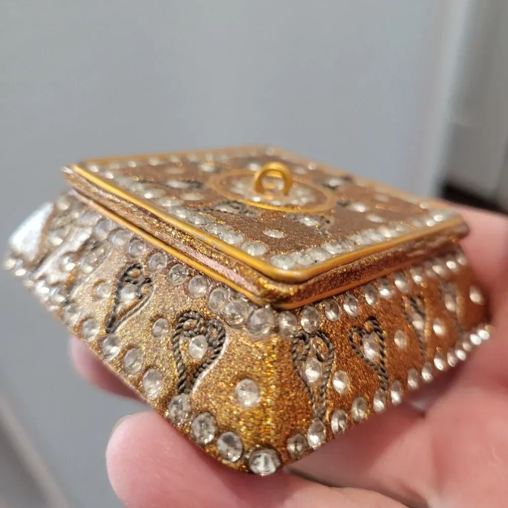 3 Vtg Pier 1 Jeweled Trinket Boxes Square Hexagon Jewelry Small 3x3x1 Gold Boho